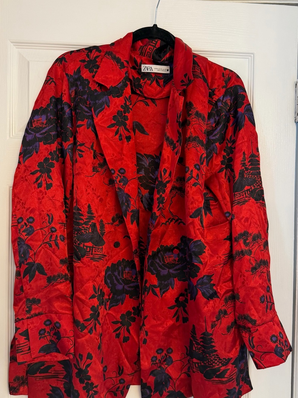 ZARA Red Floral Satin Blazer with Black & Purple Print and belt